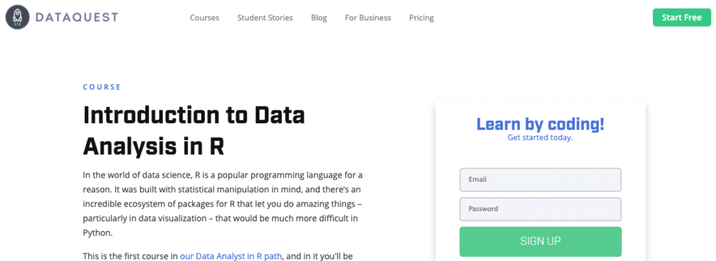 Front page for Introduction to Data Analysis in R, DataQuest