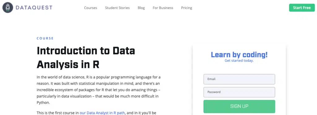 Front page for Introduction to Data Analysis in R, DataQuest