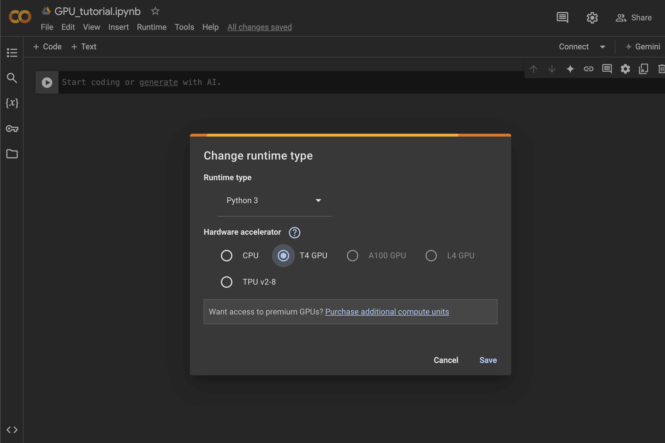 Screenshot of Google Colab runtime settings, showing the option to select a GPU as the hardware accelerator for faster training.