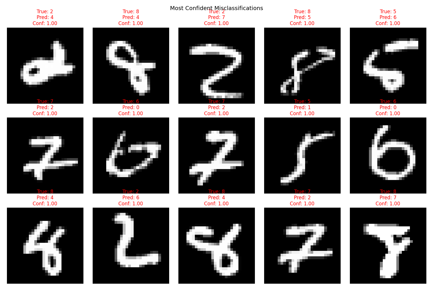 Grid of grayscale images showcasing the model's most confident misclassifications. Each image is labeled with the true class, the predicted class, and the confidence level of the incorrect prediction. Titles are displayed in red to emphasize the errors, and the visualization highlights the model's tendencies in confidently making mistakes.