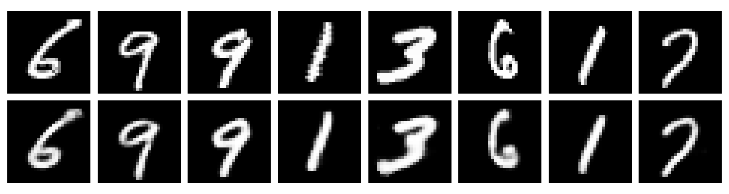 Grid of images showing the original MNIST digits on the top row and their reconstructed counterparts on the bottom row.