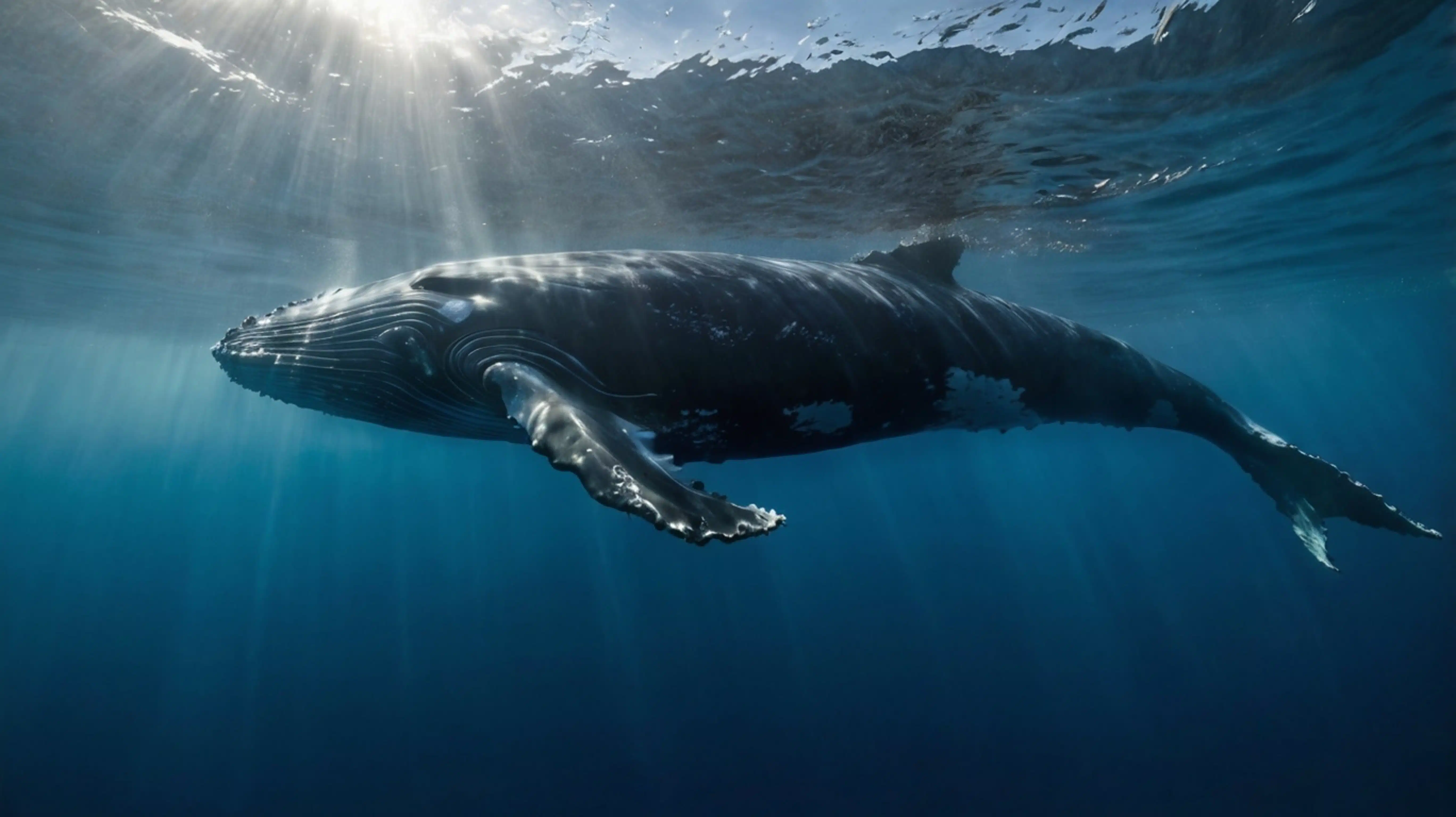 A majestic humpback whale gliding through the ocean, illuminated by sun rays filtering through the water. The whale, a symbol of depth, intelligence, and exploration, reflects the spirit of DeepSeek AI.